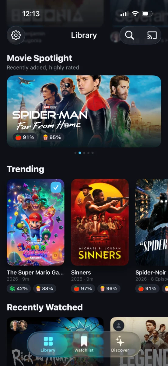 Poptonium Library home with a Movie Spotlight hero and trending row
